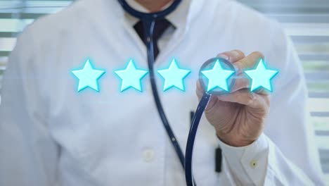 doctor giving five stars rating with stethoscope, medical quality review concept