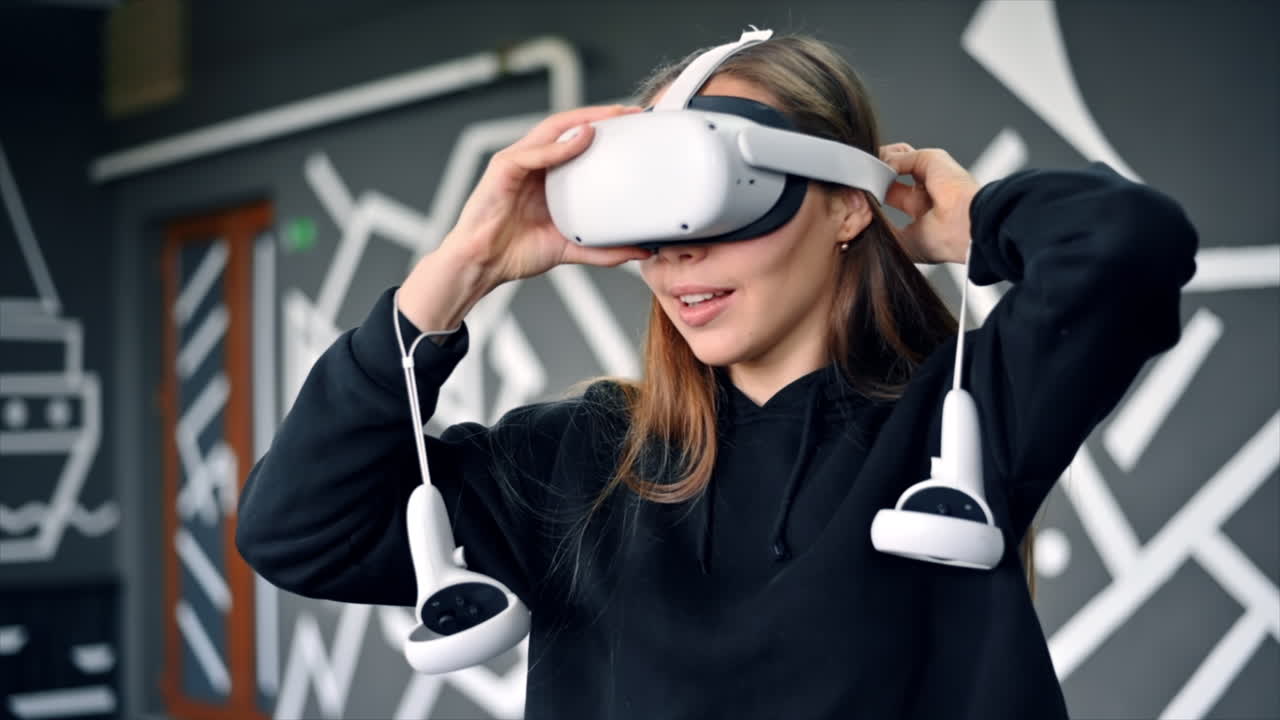 A young woman is excited while putting on VR glasses, controllers. Slow motion