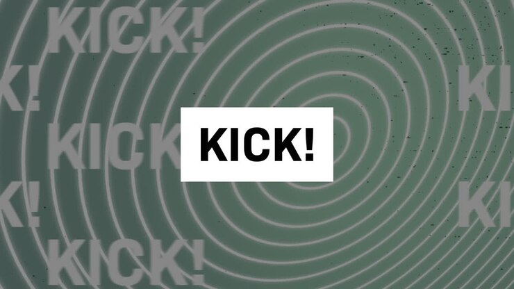 Animasi teks 'kick' di atas bentuk geometris dengan latar belakang abu-abu