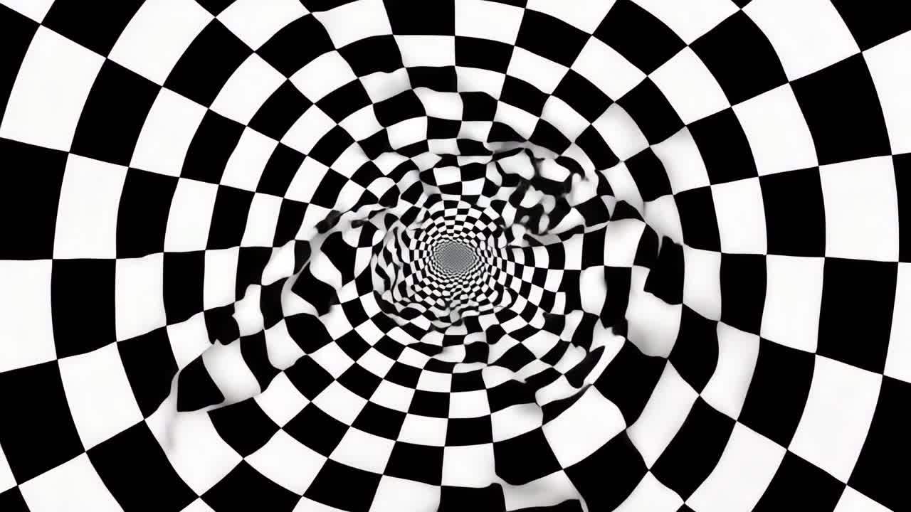 A dynamic, top-down view of a black and white checkered tunnel, creating a hypnotic spiral effect