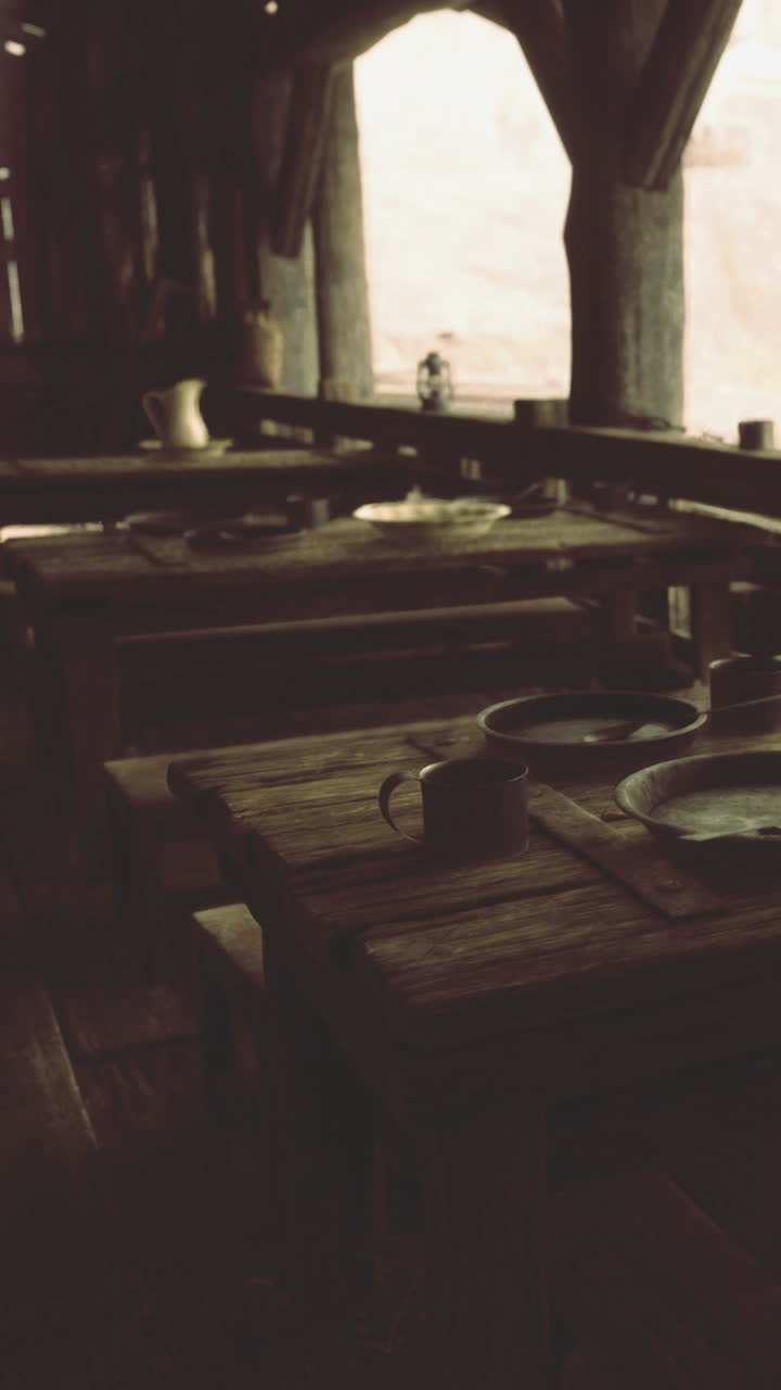 Mesa posta em uma área de jantar rústica durante o dia.