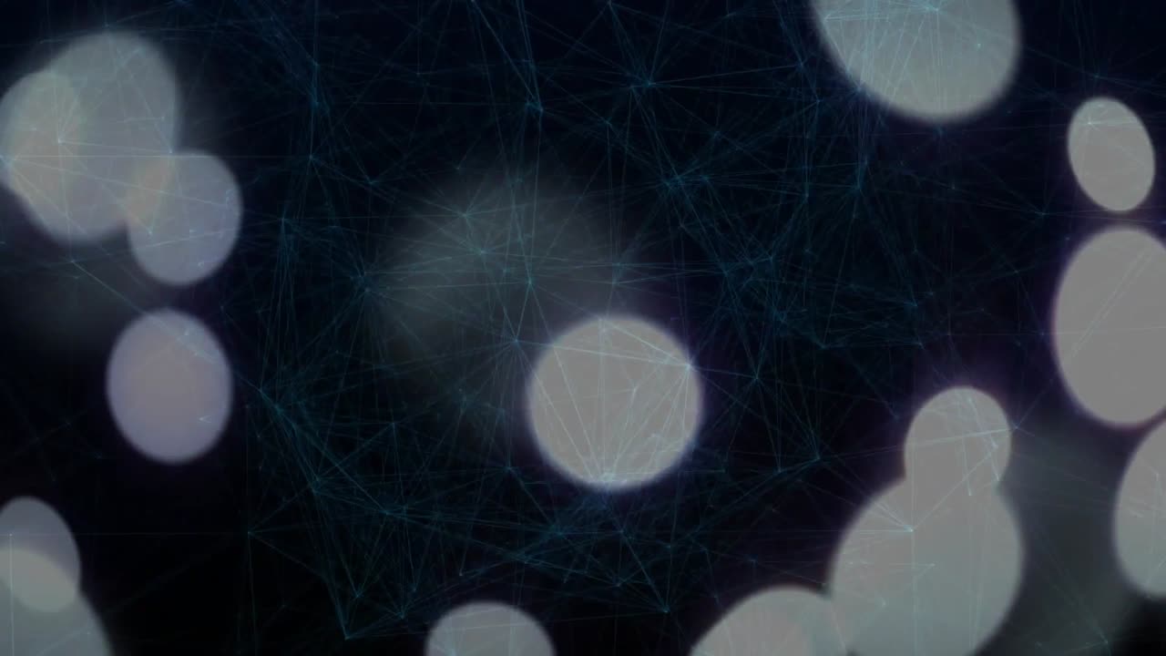 Sequence starting, pale bokeh discs drifting inward, reconfiguring cyan filament web for design