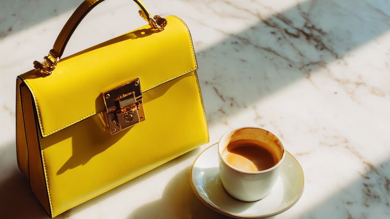 A stylish yellow handbag elegantly placed next to a steaming cup of coffee on a beautifully textured marble surface, capturing the essence of sophistication and casual luxury in a serene and warm atmosphere