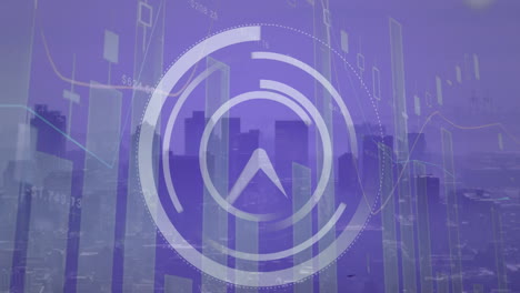 animation of ticking clock and statistical data processing against aerial view of cityscape