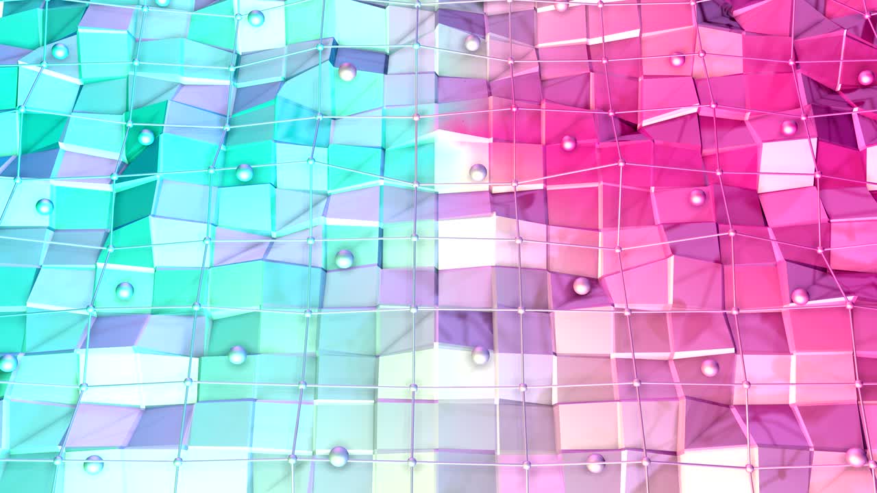 파란색, 분홍색, 빨간색 다각형의 부드러운 기하학적, 낮은 폴리 3d 표면, 날아다니는 격자 또는 메쉬 및 움직이는 구로 꿈의 배경.