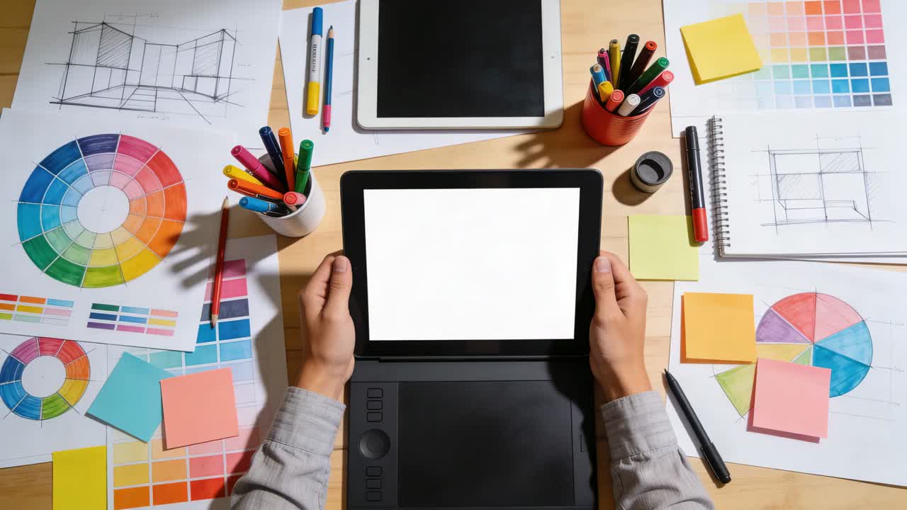 Ajustando el agarre, manos con mangas grises levantando una tablet en un escritorio de madera, inclinándola para revelar una pantalla en blanco