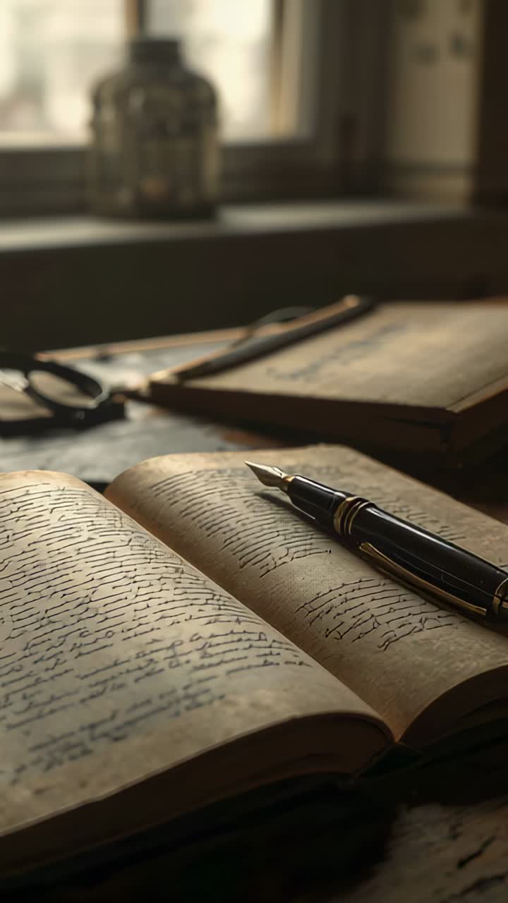 Vertical video: Showing open journal and fountain pen resting on desk by window, light shifting