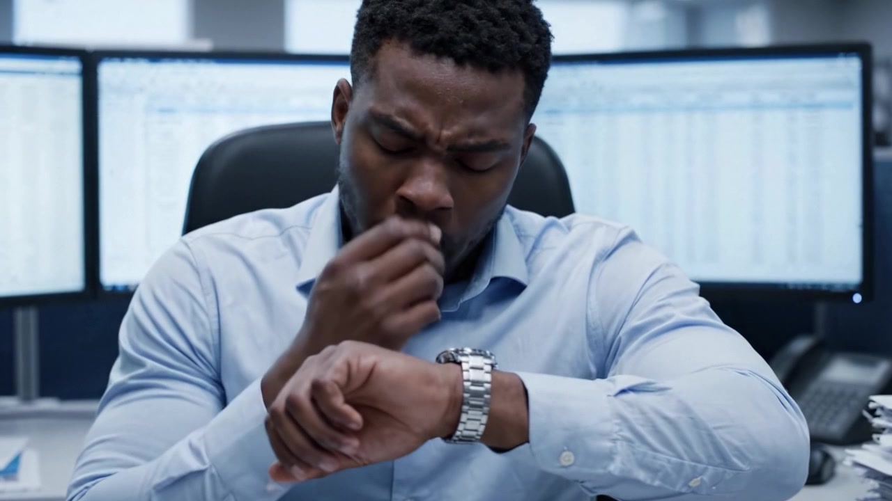 Focused Office Worker Engaged in Task Amidst a Busy Workspace with Multiple Monitors Displaying Data and Documents, Exhibiting Professionalism and Concentration