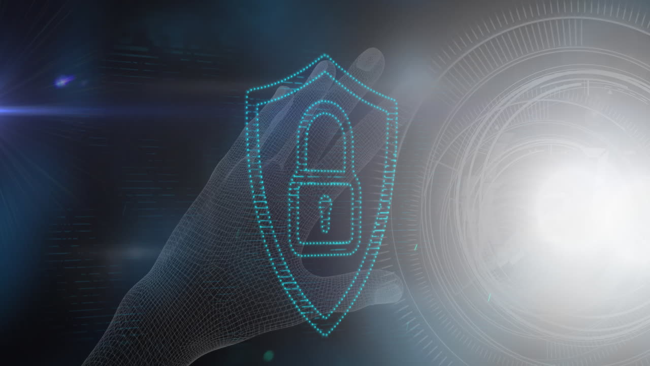 animación del candado de seguridad en línea sobre la mano y el escaneo del alcance