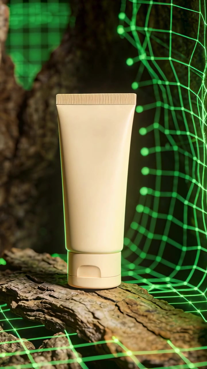 Video verticale: Griglia neon animata che provoca uno zoom della telecamera su un tubo beige sulla corteccia di un albero, mostrando il tappo.