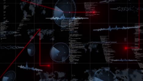 Animation-of-soundwaves,-radars,-map-and-computer-language-over-lines-against-black-background