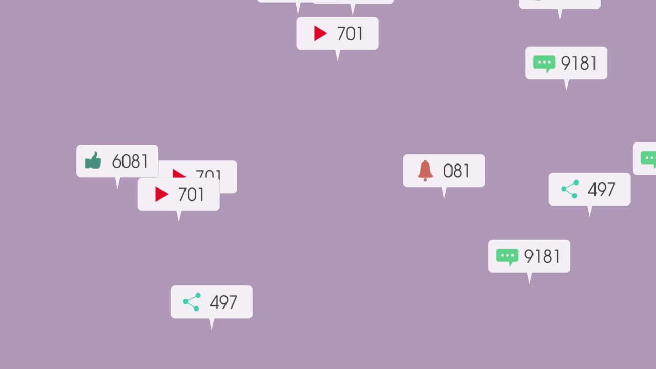 보라색 배경 위의 소셜 미디어 데이터 처리 애니메이션