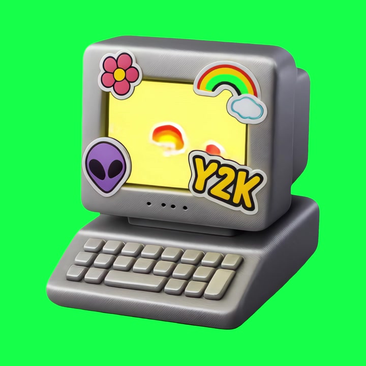 3D-gerenderter Retro-Computer mit Y2K-Aufklebern und abstrakter Bildschirmanimation