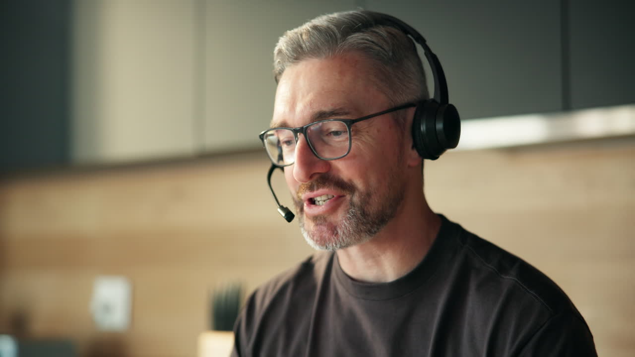Smilende mann med hodesett snakker under online videosamtale