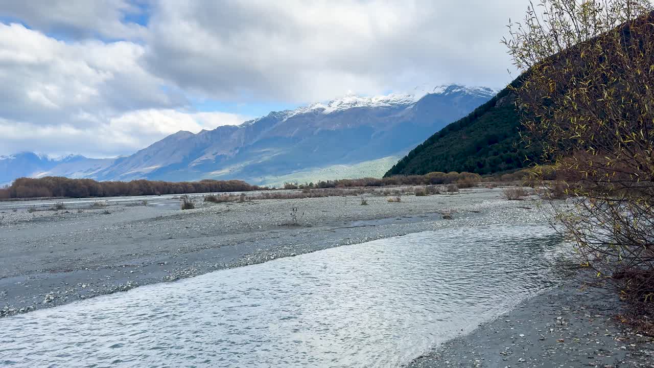 Static wide shot of riverbank, flowing water, and distant snow-capped mountains under cloudy sky