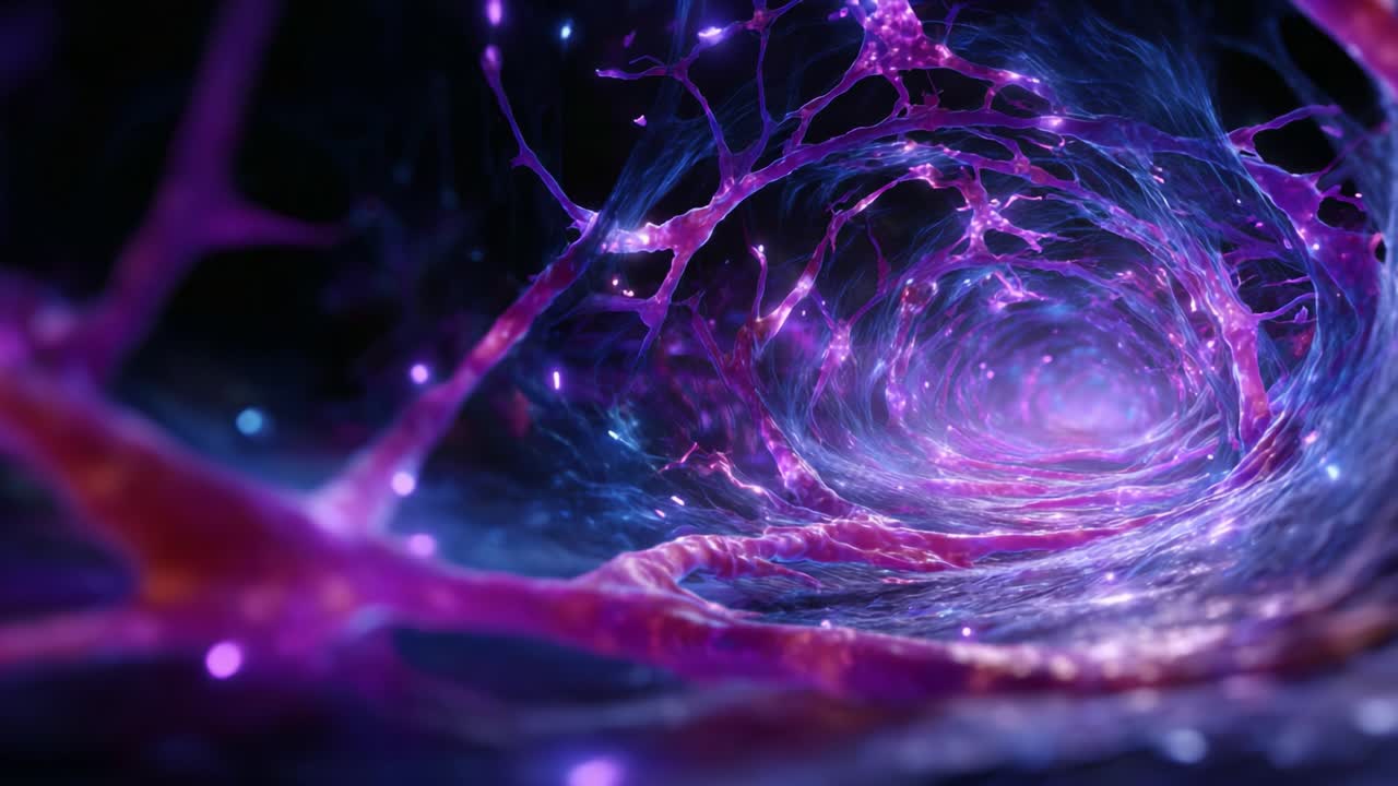 Un viaggio ipnotico attraverso un tunnel astratto scintillante di strutture simili a nervi, illuminate da incantevoli luci viola in uno spazio etereo