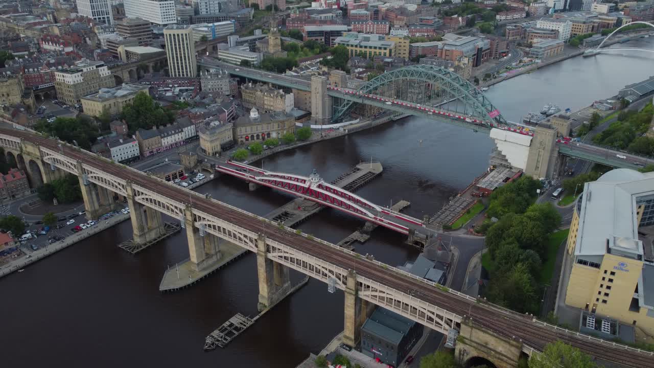 Aerial view of Newcastle Quayside with High Level Bridge, Swing Bridge Tyne Bridge and Millennium Bridge in Newcastle Upon Tyne
