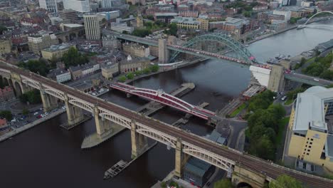 aerial view of newcastle quayside with high level bridge, swing bridge tyne bridge and millennium bridge in newcastle upon tyne