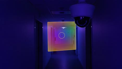 an abstract exploration of a mystical corridor with vibrant color gradients and security surveillance, showcasing a unique geometric shape at the forefront