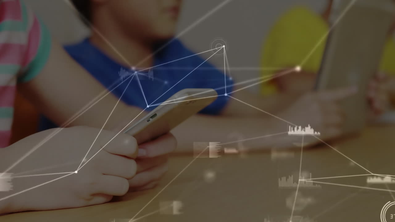 스마트 폰을 사용하는 다양한 학교 학생을 통해 연결 네트워크의 애니메이션