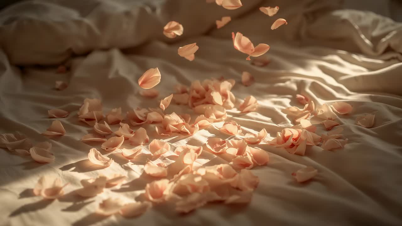 Dropping peach petals settling onto rumpled cream satin bedspread, sunlight sculpting fabric folds
