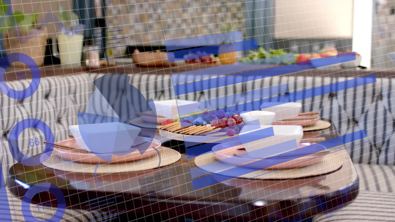 Camera panning right showing table plates bowls while blue HUD sliding, marking platter for design