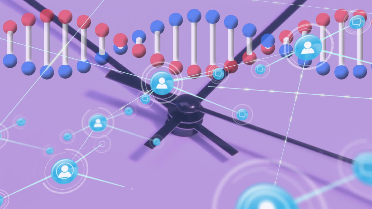 사람과 연결된 네트워크의 애니메이션, 시계 위의 아이콘, dna 스트랜드 회전