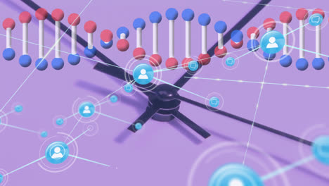 Animation-of-network-of-connections-with-people-icons-over-clocka-and-dna-strand-spinning