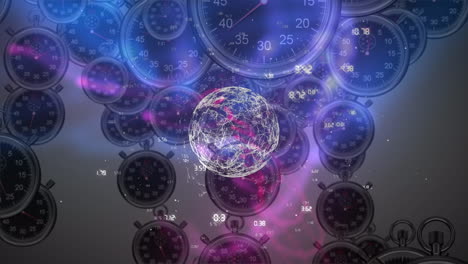 animación del globo, números y procesamiento de datos sobre relojes flotantes