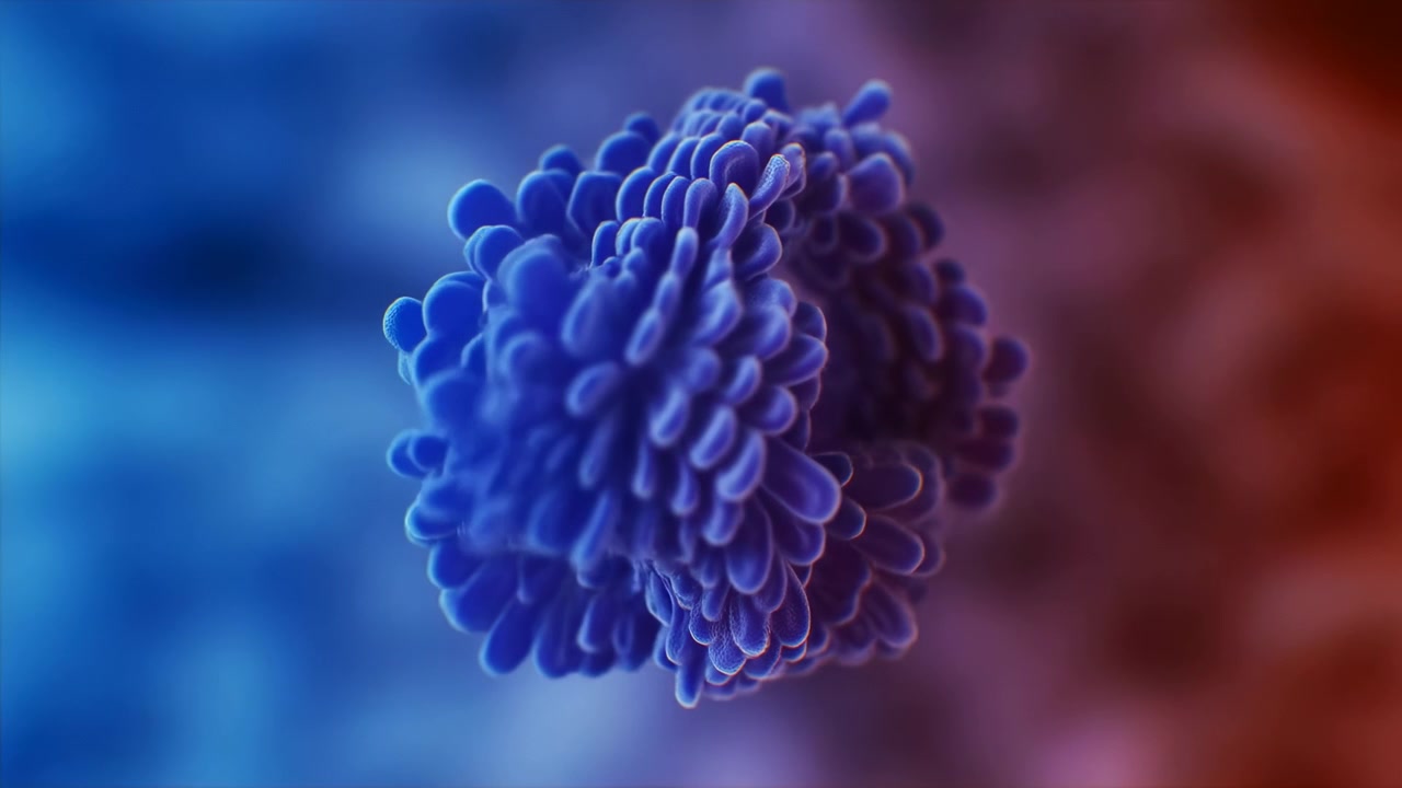 Denso agglomerato organico di filamenti arrotondati ruota mentre il colore cambia dal blu cobalto al rosso caldo, rivelando sfaccettature superficiali stratificate, dettagli della cavità interna e uno sfondo bokeh morbido.