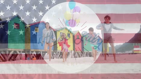 Unabhängigkeitstext-Und-Amerikanische-Flagge-Winken-Gegen-Eine-Kaukasische-Familie,-Die-Am-Strand-Läuft