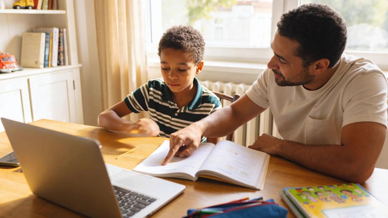 Pointing to workbook page, dad in light-shirt helping boy with homework at wooden table with pencil