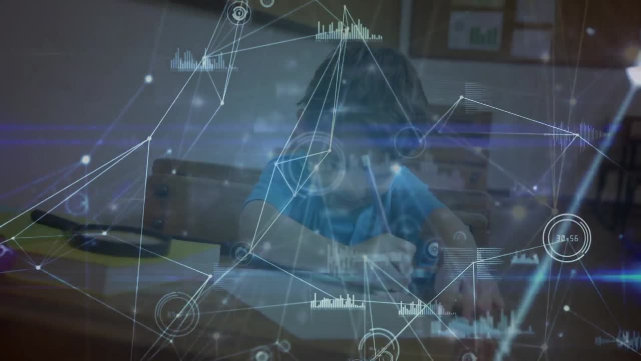 학교에서 수업 중에 백인 소년에 대한 연결 네트워크의 애니메이션