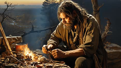 survivalist craftsman working by the campfire in a rugged wilderness