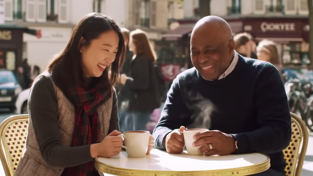 Joyful Moments: A Heartwarming Exchange Between Two Friends Over Coffee in a Cozy Café Setting, Capturing Laughter and Connection in the Heart of the City
