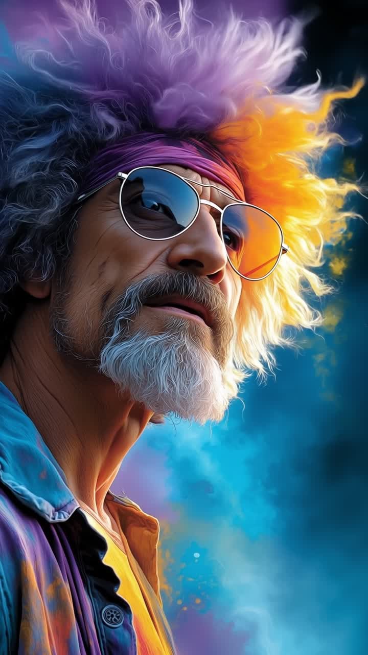 Exzentrischer älterer Mann mit farbenfrohem lila und orangefarbenem Haar, stylischer Sonnenbrille und Jeanshemd.