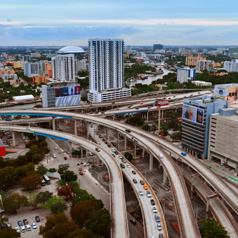 transport going by the freeways in the city center. panorama miami, florida, usa from aerial perspective.