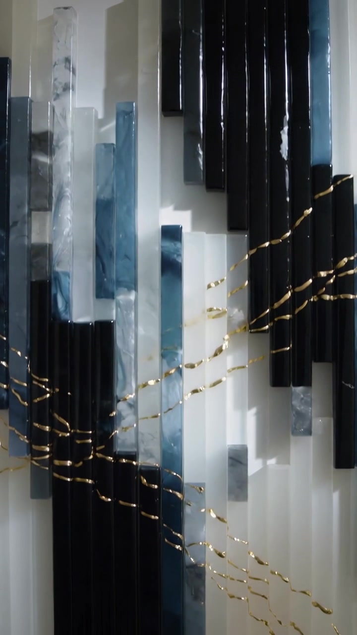 Vertical video: Panning camera upward revealing hall sculpture of rods, showing gold diagonal inlay