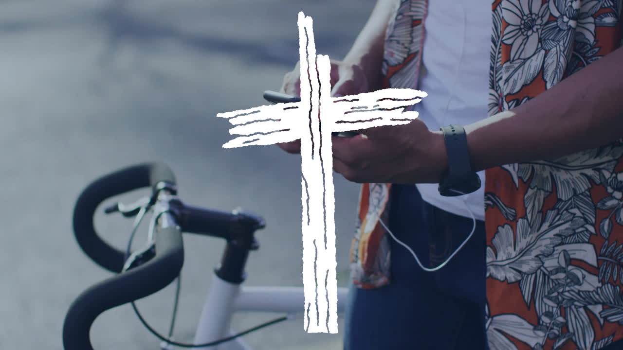 Using smartphone next to bicycle, person with cross symbol overlay animation