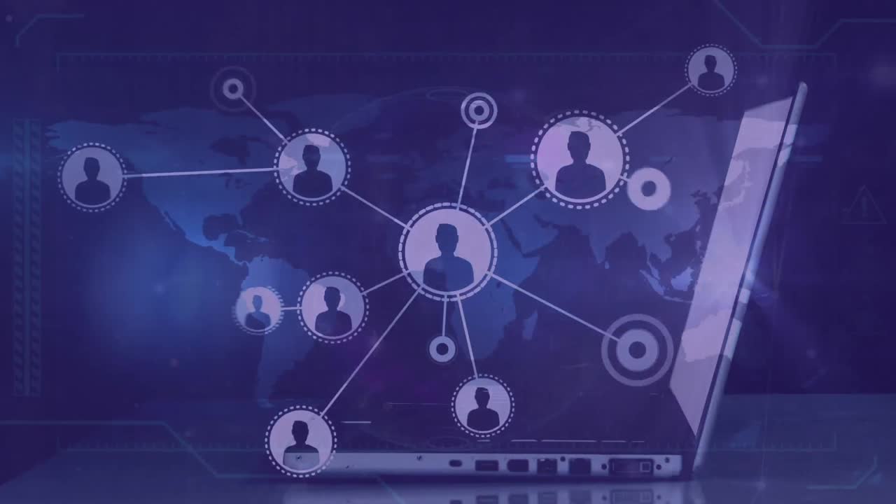 Animation of network of profile icons over world map against mid section of a man using laptop