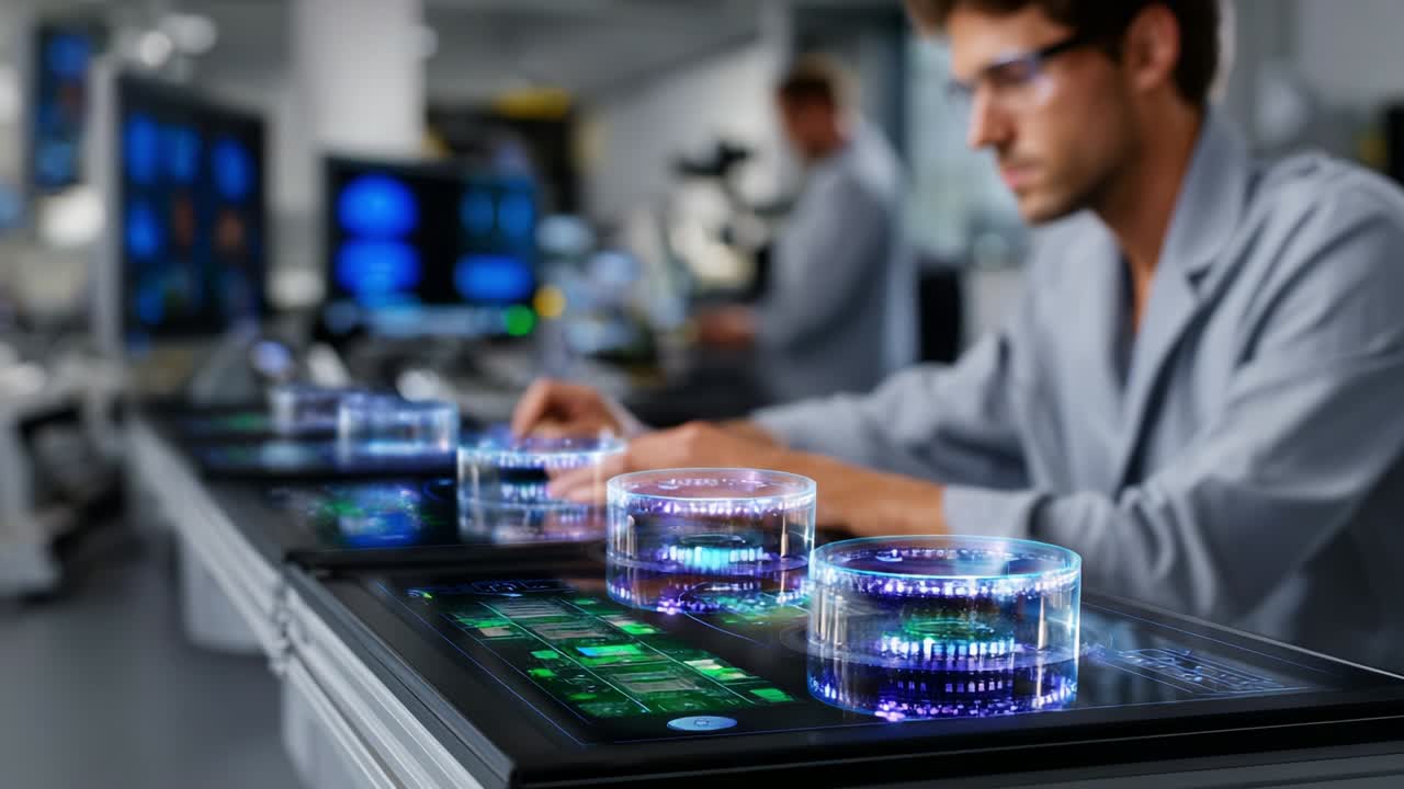A scientist engages with advanced technology in a modern laboratory, using interactive holographic displays and transparent containers to conduct innovative research and analysis in a futuristic environment