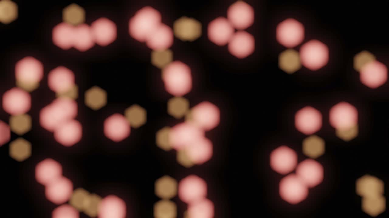 bokeh hexágonos de movimiento, enfoque suave de naranja y rosa en un fondo negro se mueven al azar, buen revestimiento de fondo para publicidad. renderización 3d fotorrealista.