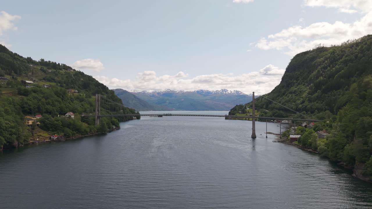 Panoramic View Of The Fyksesund Bridge In Vestland County, Norway. Aerial Wide Shot