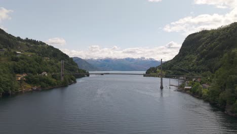 panoramic view of the fyksesund bridge in vestland county, norway. aerial wide shot