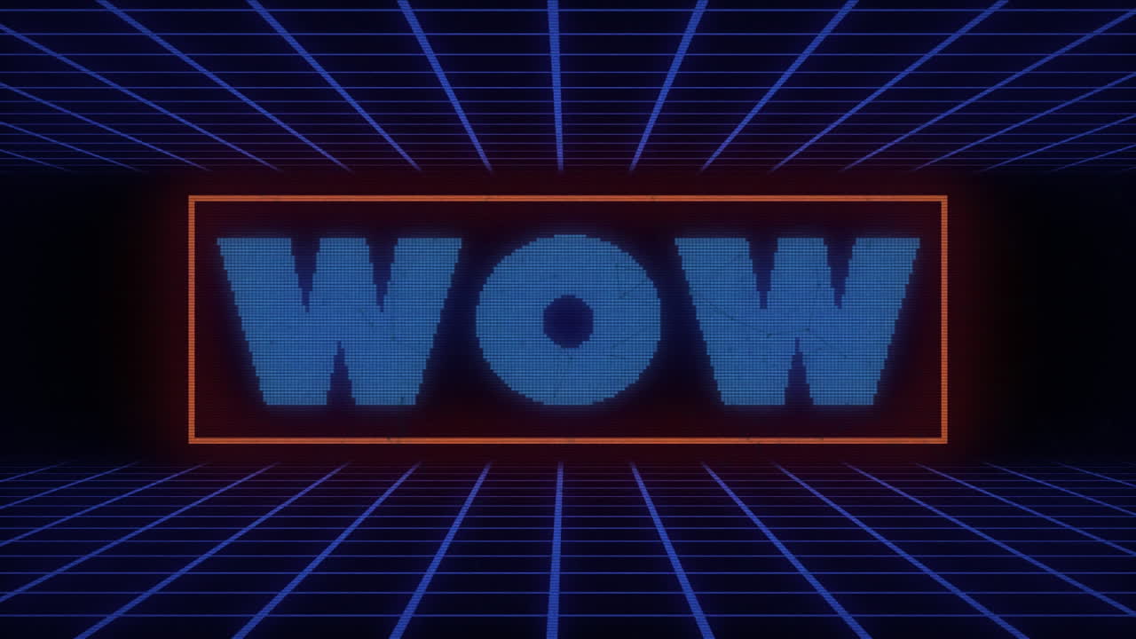 그리드와 메타버스 배경 위의 와우 텍스트의 애니메이션