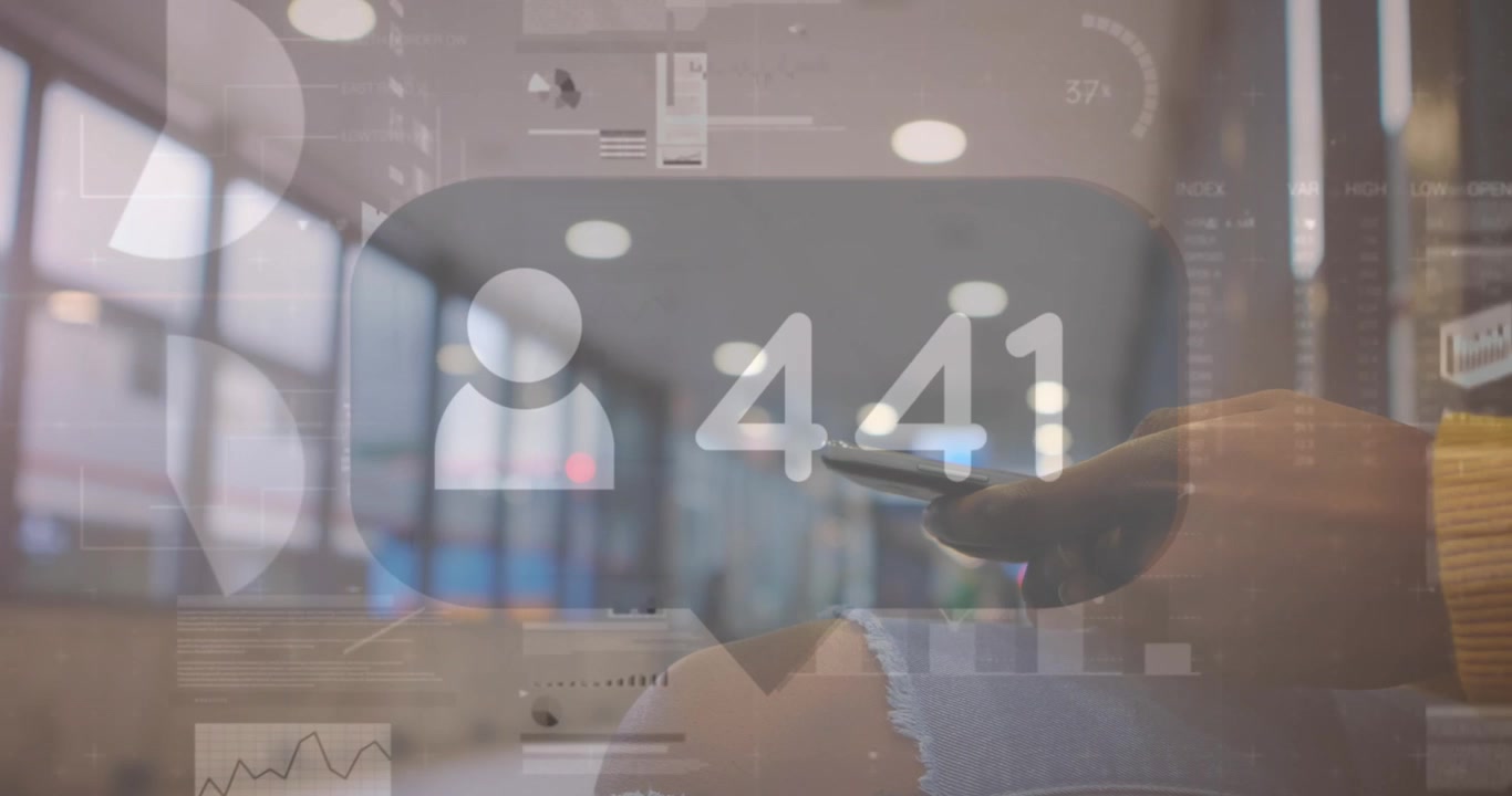Digital interface with data processing against businessman and businessman working in office