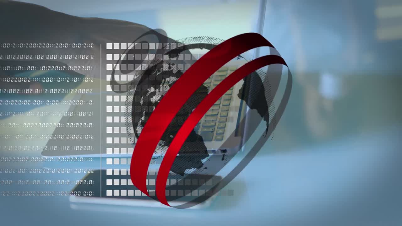 animación de la red de conexiones y el globo sobre la persona que utiliza la computadora portátil