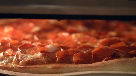 pastel de pizza de pepperoni horneado en el horno con aceite del queso derretido burbujeante
