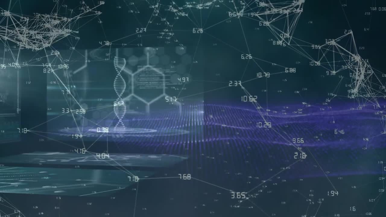 Animation of dna strand spinning over networks of connections on blue background