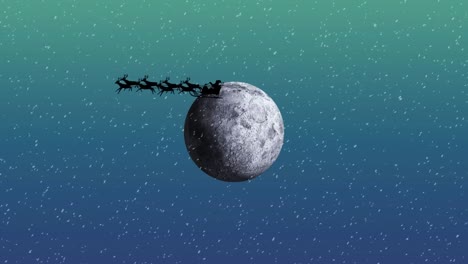 animation of snow falling over santa claus in sleigh being pulled by reindeers against moon
